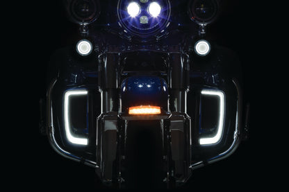 Kuryakyn Tracer LED front turn signal insert for Harley Davidson FLHX and FLTR models 2008-2015, installed in motorcycle front fairing.
