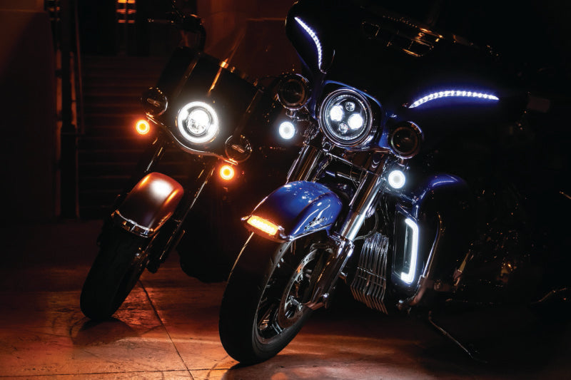 Kuryakyn Tracer LED front turn signal insert for Harley Davidson FLHX and FLTR models 2008-2015, showing installed on motorcycle.