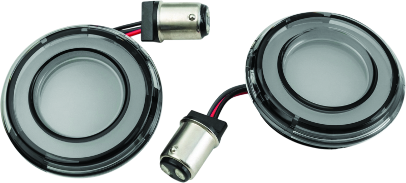 Kuryakyn Tracer LED rear turn signal inserts with red smoke lens for Harley Davidson FLHX and FLTRX models.