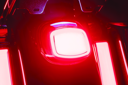 Kuryakyn Tracer LED taillight with red lens and integrated license plate light for Harley Davidson motorcycles