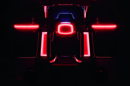 Kuryakyn Tracer LED taillight with red lens and license plate light for Harley Davidson motorcycle.