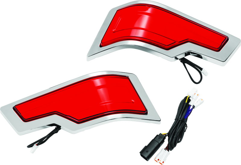 Kuryakyn Tracer Tour Pak rear lights with chrome finish and red lens, designed for Harley Davidson models.