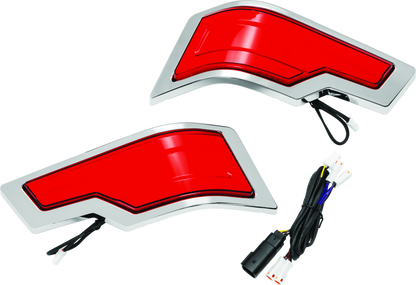 Kuryakyn Tracer Tour Pak rear lights with chrome finish and red lens, designed for Harley Davidson models.