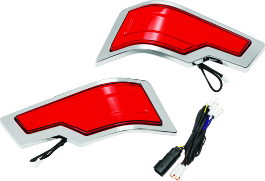 Kuryakyn Tracer Tour Pak rear lights with chrome finish and red lens, designed for Harley Davidson models.