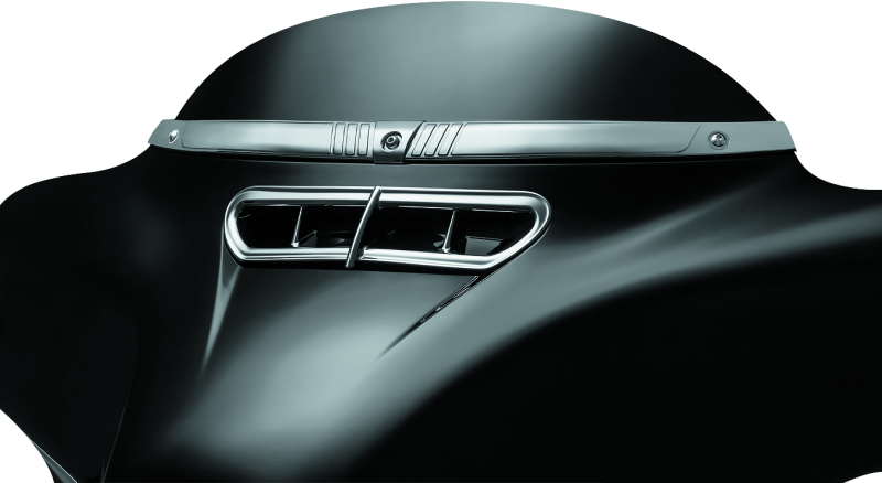 Chrome Kuryakyn Tri-Line Windshield Trim for Harley Davidson Touring Models, showcasing sleek, polished metal design on motorcycle windshield