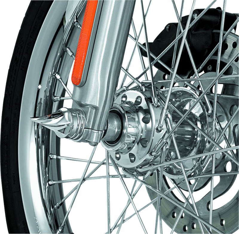 Chrome Kuryakyn Twisted Axle Caps for Harley Davidson and Sportster models, featuring sleek, decorative design on motorcycle axles.