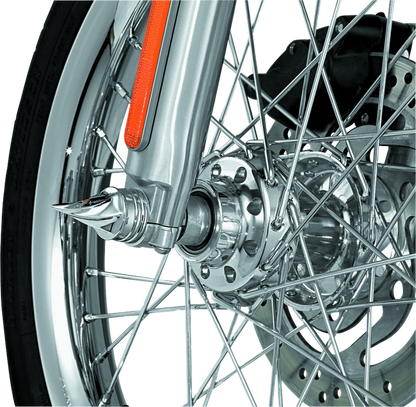 Chrome Kuryakyn Twisted Axle Caps for Harley Davidson and Sportster models, featuring sleek, decorative design on motorcycle axles.
