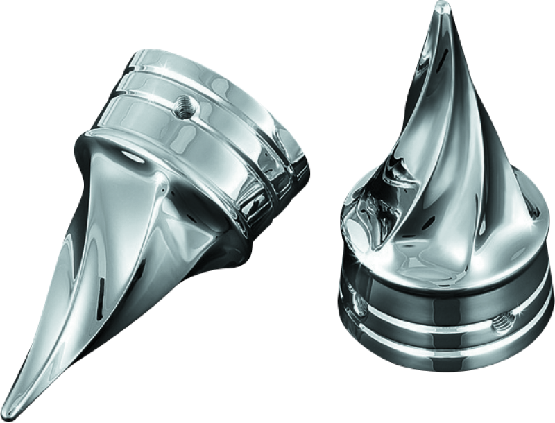 Chrome Kuryakyn Twisted Axle Caps for Harley Davidson Touring models, showcasing polished metal design on motorcycle axles.