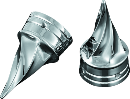 Chrome Kuryakyn Twisted Axle Caps for Harley Davidson Touring models, showcasing polished metal design on motorcycle axles.