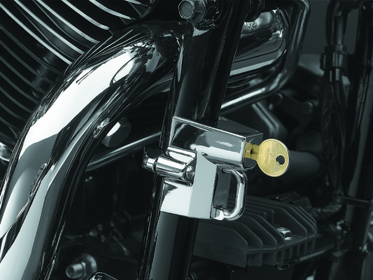 Kuryakyn universal helmet lock in chrome with 1-1/4 inch to 1-1/2 inch mount, designed for motorcycle helmets.