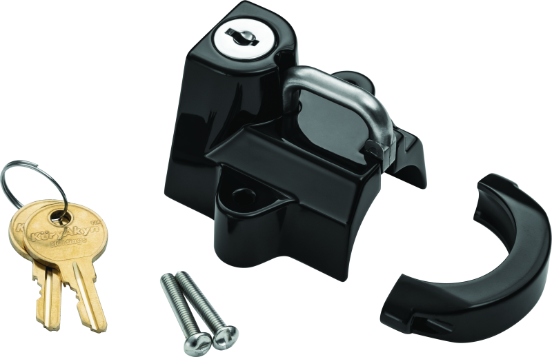 Kuryakyn universal helmet lock in black, fits 1-1/4 to 1-1/2 inch helmets, securely attaches to motorcycle for helmet storage.