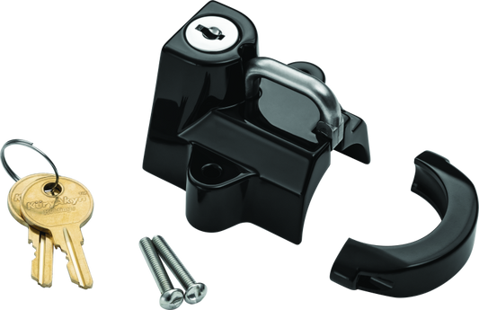 Kuryakyn universal helmet lock in black, fits 1-1/4 to 1-1/2 inch helmets, securely attaches to motorcycle for helmet storage.