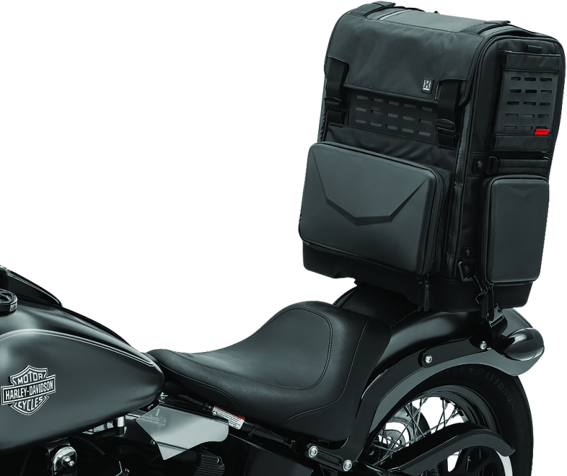 Kuryakyn Xkursion XS Odyssey motorcycle luggage bag in black with straps and zippers, designed for motorcycle touring.