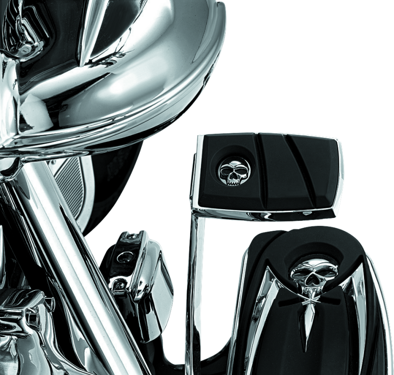 Kuryakyn Zombie brake pedal pad for Harley-Davidson FL models with chrome finish and aggressive skull design, providing enhanced comfort.
