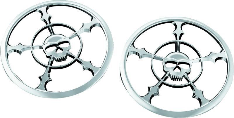 Chrome Kuryakyn Zombie speaker grill for 2014-up Harley Davidson Touring models, featuring a detailed zombie face design.