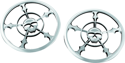 Chrome Kuryakyn Zombie speaker grill for 2014-up Harley Davidson Touring models, featuring a detailed zombie face design.