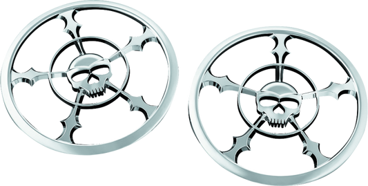 Chrome Kuryakyn Zombie speaker grill for 2014-up Harley Davidson Touring models, featuring a detailed zombie face design.
