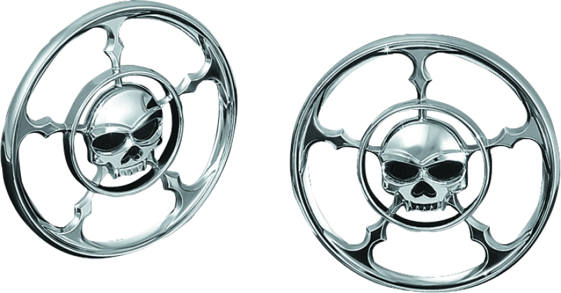 Kuryakyn Zombie speaker grills in chrome for Harley Davidson Touring models, featuring a detailed zombie design on the speaker covers.