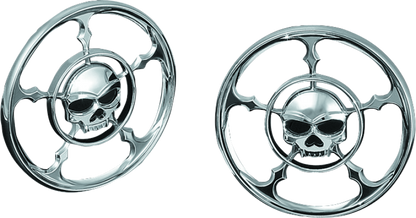 Kuryakyn Zombie speaker grills in chrome for Harley Davidson Touring models, featuring a detailed zombie design on the speaker covers.