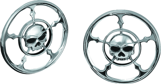 Kuryakyn Zombie speaker grills in chrome for Harley Davidson Touring models, featuring a detailed zombie design on the speaker covers.