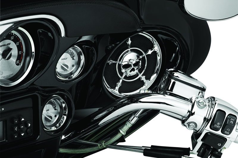 Kuryakyn Zombie speaker grills in chrome for Harley Davidson Touring models, featuring a distinctive zombie design.