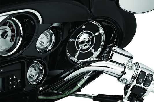 Kuryakyn Zombie speaker grills in chrome for Harley Davidson Touring models, featuring a distinctive zombie design.