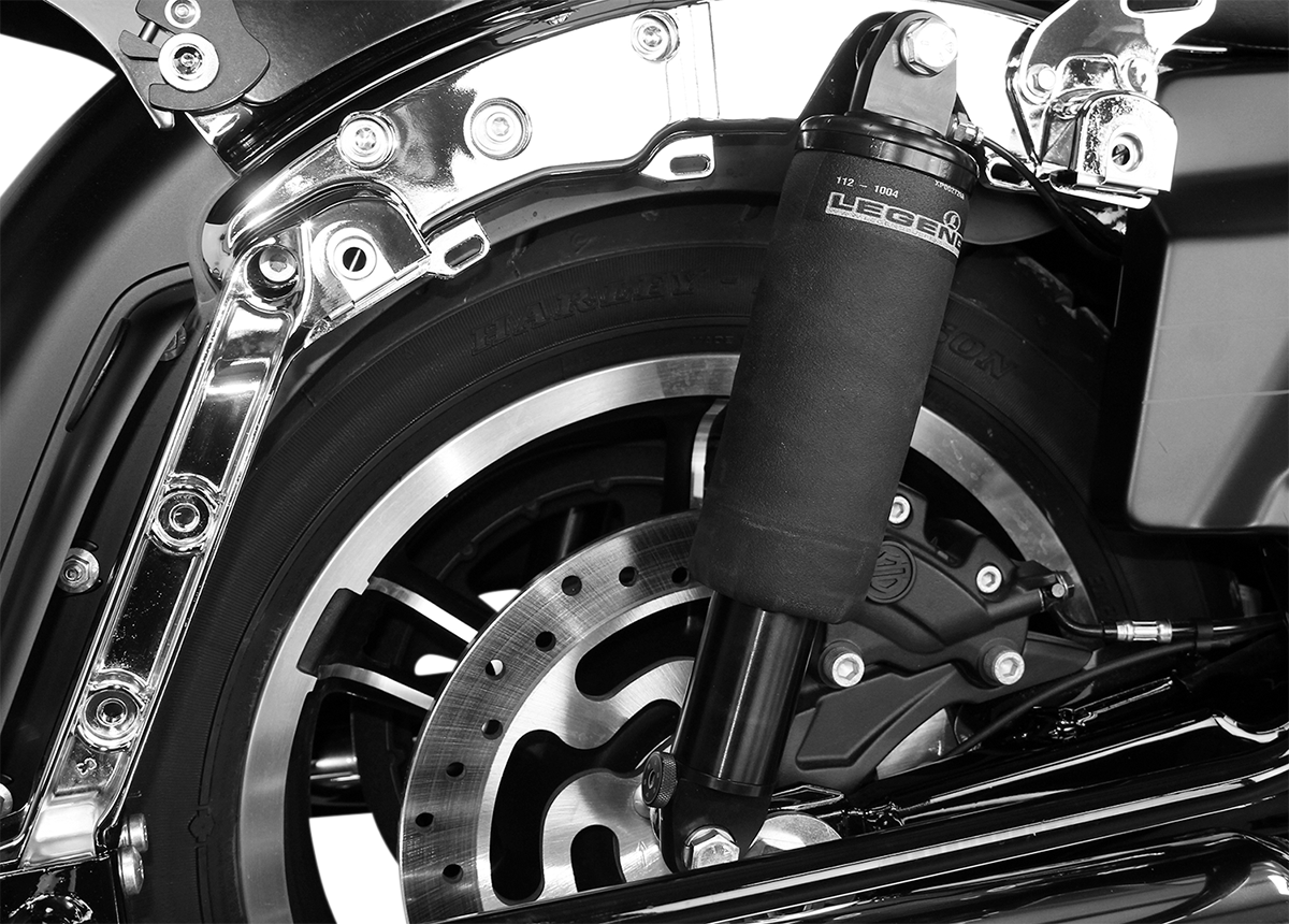 Legend Suspension AIR-A FL adjustable air suspension system for Harley FLH with black handlebar control, shown with suspension components.