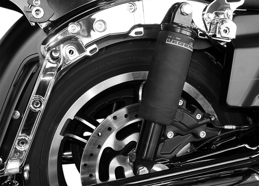 Legend Suspension AIR-A FL adjustable air suspension system for Harley FLH with black handlebar control, shown with suspension components.