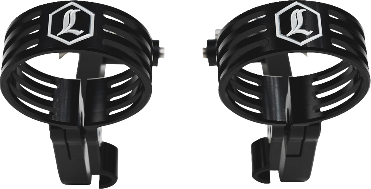 Black Legend Suspension Revo ARC external reservoir mounts for Harley-Davidson FL Touring 2014+ motorcycle, shown installed on bike.