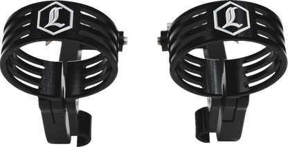 Black Legend Suspension Revo ARC external reservoir mounts for Harley-Davidson FL Touring 2014+ motorcycle, shown installed on bike.