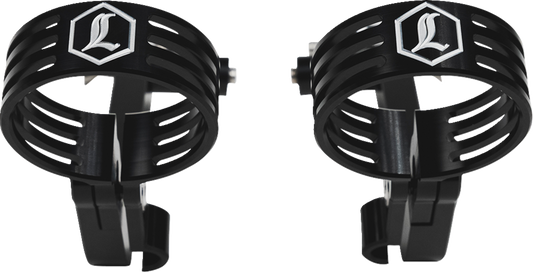 Black Legend Suspension Revo ARC external reservoir mounts for Harley-Davidson FL Touring 2014+ motorcycle, shown installed on bike.