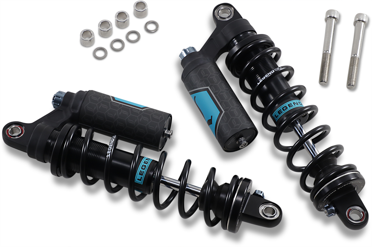 Legend Suspension Revo ARC piggyback shocks for Harley Dyna 1999-2017, 13-inch heavy-duty black motorcycle shock absorbers.