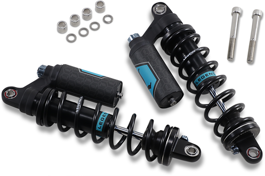 Legend Suspension Revo ARC piggyback shocks for Harley Dyna 1999-2017, 13-inch heavy-duty black motorcycle shock absorbers.