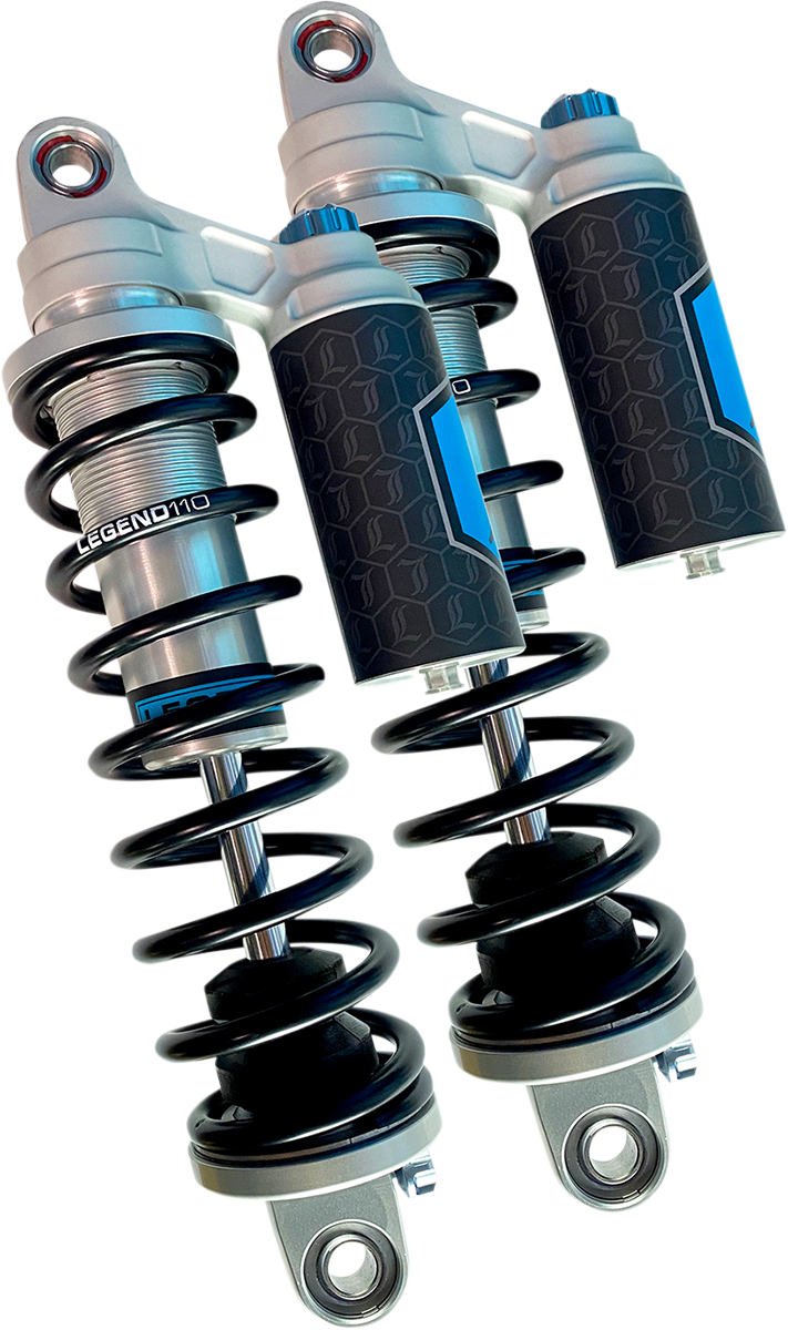 Legend Suspension REVO ARC piggyback shocks for Harley Sportster, 13-inch heavy-duty gold shocks, durable motorcycle suspension.
