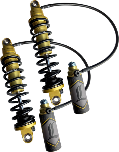 Legend Suspension Revo ARC remote reservoir shocks for motorcycles, 13-inch heavy-duty gold shock absorbers with mounting hardware.