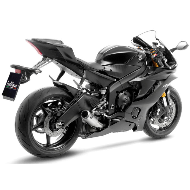 Leovince LV Corsa Titanium slip-on exhaust for Yamaha YZF-R6 2006-2020, front view showing sleek titanium finish and exhaust tip.