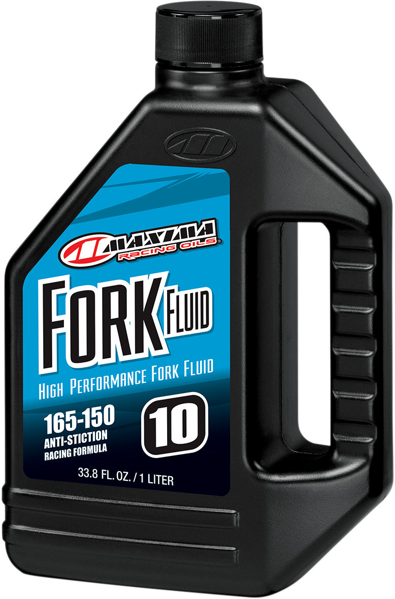 Maxima Racing Oil 59901-10 Racing Fork Fluid 10W in a 1-liter bottle, designed for motorcycle suspension forks.