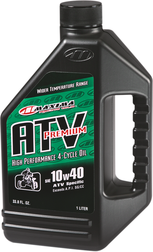 Maxima Racing Oil ATV 4T 10W-40 engine oil bottle with label, designed for high-performance ATV engines.