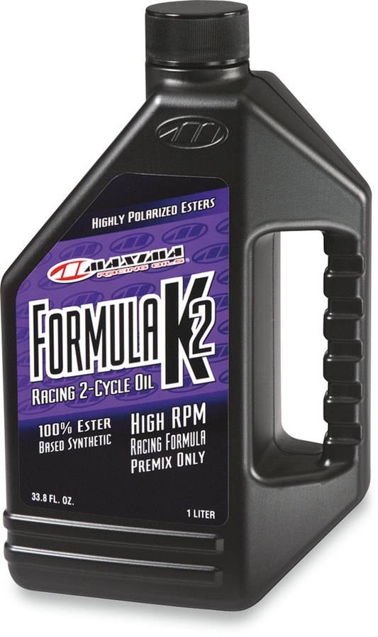 MAXIMA RACING OIL Formula K2 synthetic premix 1L bottle for high-performance 2-stroke engines, featuring a durable oil container.