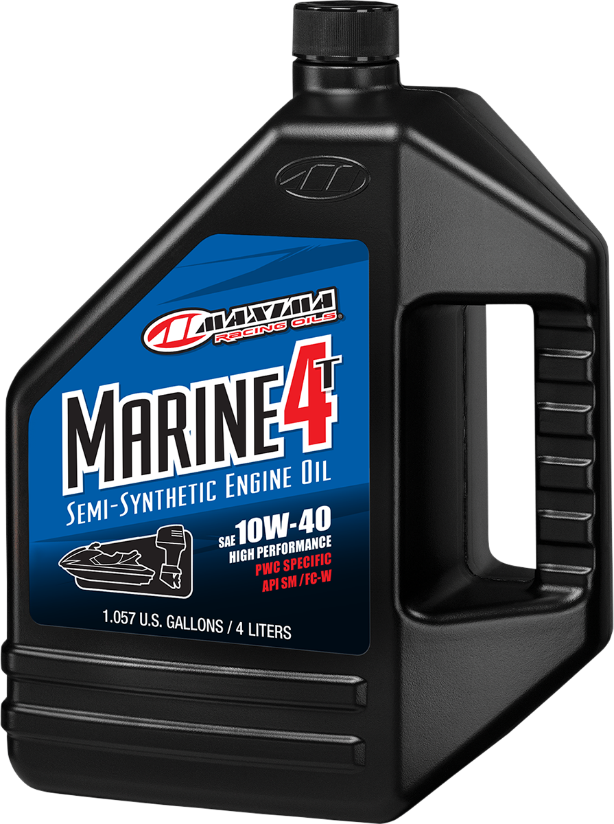 Maxima Racing Oil Marine Synthetic Blend 4T Engine Oil 10W-40 in 4-liter container, suitable for motorcycle engines.