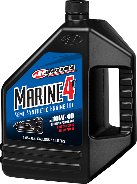 Maxima Racing Oil Marine Synthetic Blend 4T Engine Oil 10W-40 in 4-liter container, suitable for motorcycle engines.
