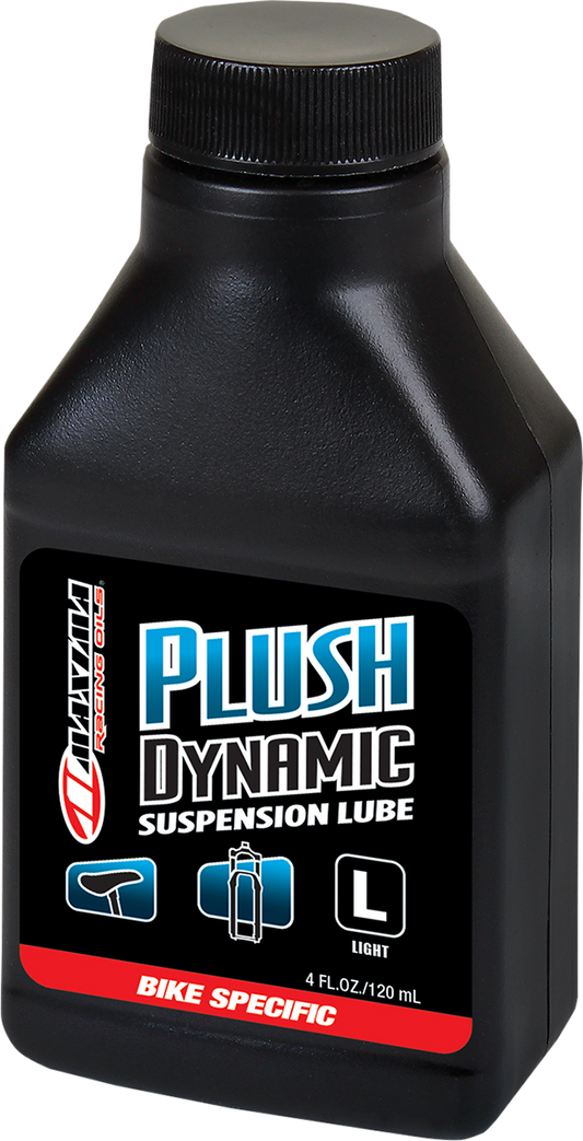 Maxima Racing Oil Plush Dynamic Fluid Light bottle, 4 fl oz, with part number 55-60904, in a clear container.