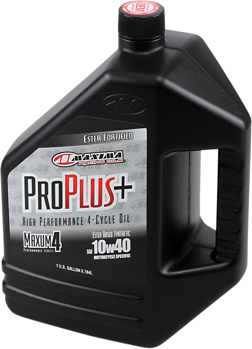 Maxima Racing Oil Pro Plus+ 4T 10W-40 synthetic engine oil in 1-gallon container for motorcycle engines.
