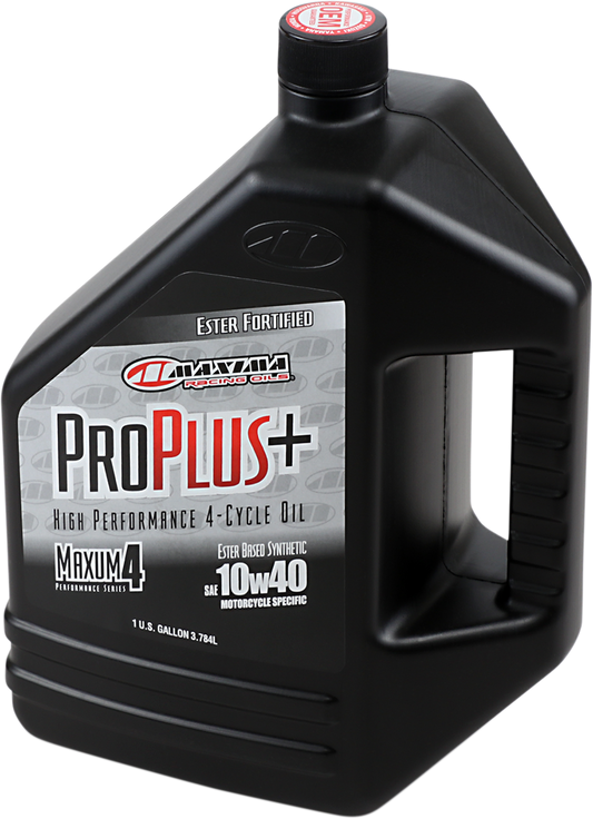 Maxima Racing Oil Pro Plus+ 4T 10W-40 synthetic engine oil in 1-gallon container for motorcycle engines.