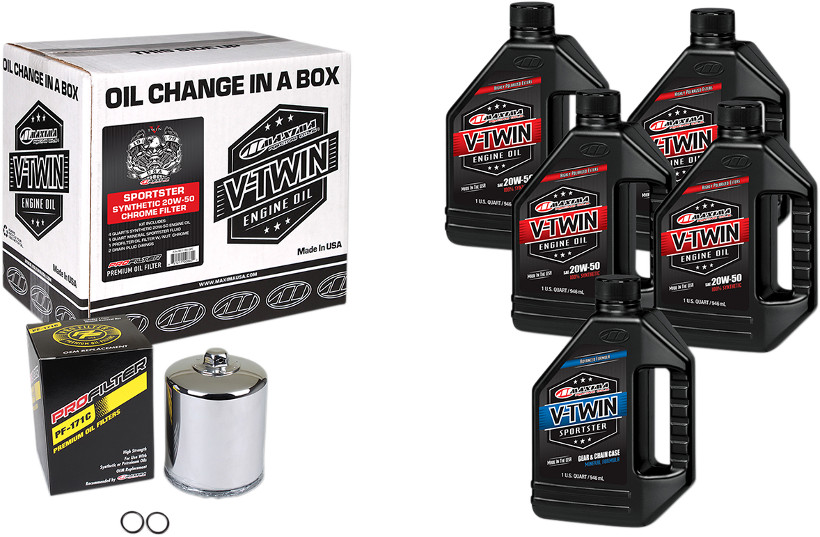 Maxima Racing Oil Sportster synthetic 20W-50 oil change kit with chrome filter for Harley Sportster motorcycles.