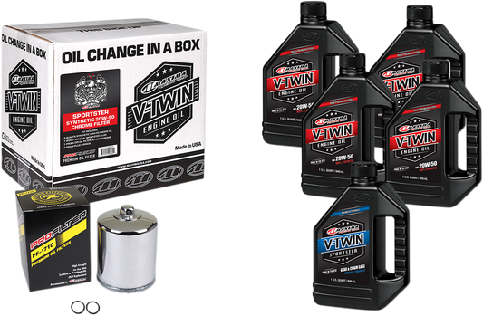 Maxima Racing Oil Sportster synthetic 20W-50 oil change kit with chrome filter for Harley Sportster motorcycles.