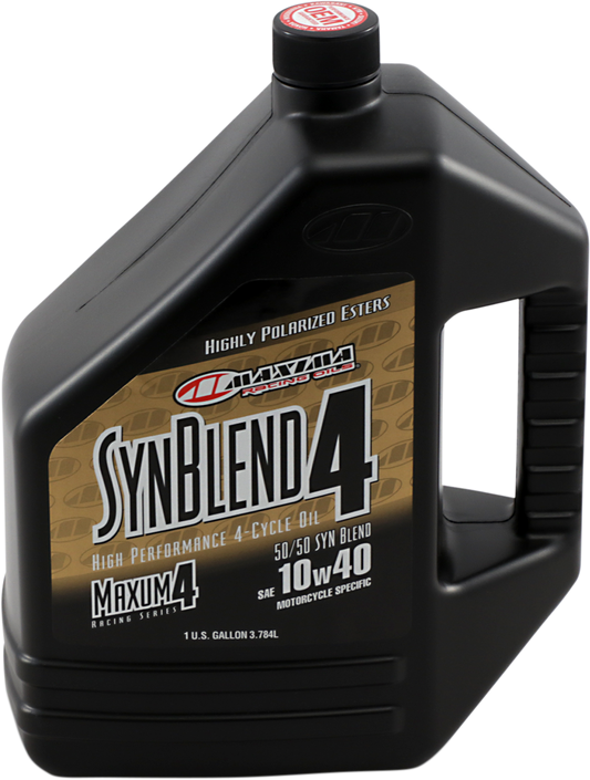 Maxima Racing Oil SynBlend 10W-40 semi-synthetic engine oil in 1-gallon container with label image.