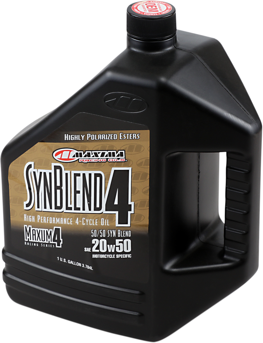 Maxima Racing Oil SynBlend 20W-50 semi-synthetic engine oil gallon container with label and cap.