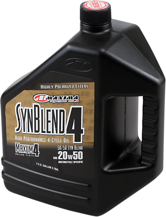 Maxima Racing Oil SynBlend 20W-50 semi-synthetic engine oil gallon container with label and cap.
