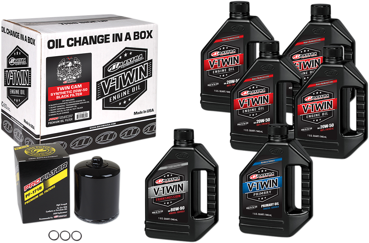 MAXIMA RACING OIL Twin Cam Synthetic 20W-50 Oil Change Kit with black filter, includes oil bottle and filter for motorcycle maintenance.